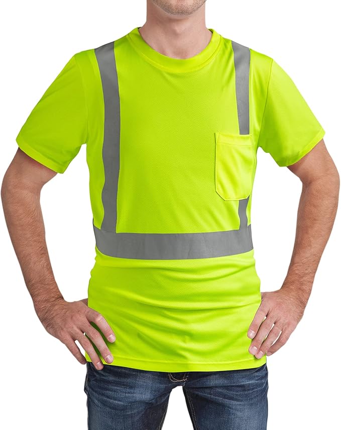 High Visibility Shirts Quick Dry Safety T Shirts with Reflective Strips and Pocket Short Sleeve Mesh Hi Vis Construction Work Class 2 Shirt for Men/Women Lime,Large