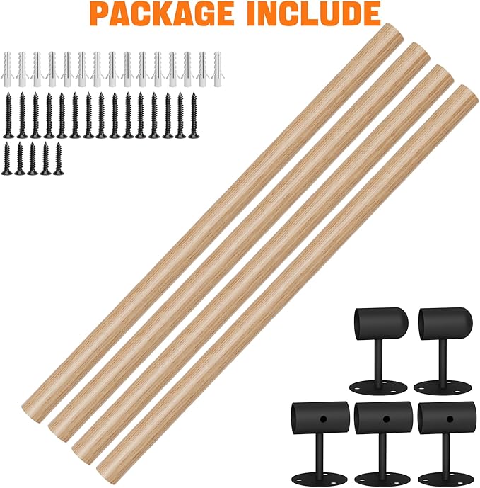 12FT Round Wooden Stair Handrail,Indoor Staircase Handrail,Wall Mount Support Stair Railings, Non-Slip Safety Corridor,Loft,Patio,Guardrail,Home Wood Hand Railings for Elderly,Children,Disable People