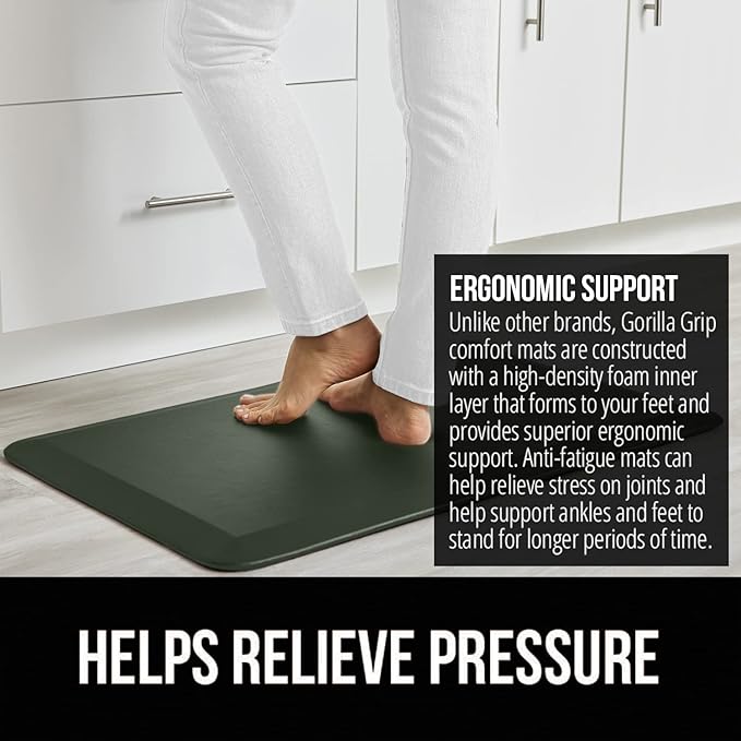 GORILLA GRIP Comfortable Cushioned Kitchen Mats for Floor, 39x20, Waterproof and Stain Resistant Soft Top, 3/4 Inch Thick Ergonomic Standing Desk Anti Fatigue Mat, Foam Supports Feet, Hunter Green