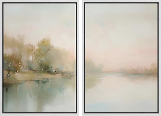 MUDECOR Framed Canvas Print Wall Art Tranquil Reflection Serene River Landscape Illustrations Modern Art Decorative Bohemian Chic for Living Room, Bedroom, Office - 24"x36"x2 White
