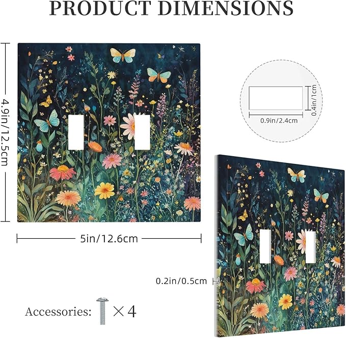 Decorative Switch Plates Boho Vintage Floral Flower Butterfly 2 Gang Double Toggle Outlet Light Switch Cover Wall Plate Electrical Faceplate for Bedroom Home Decor