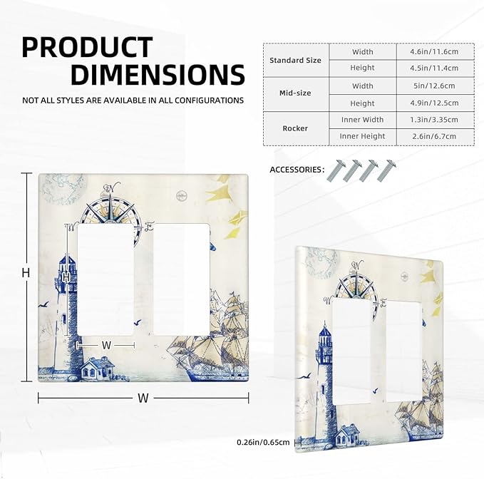 Nautical Sailboat Lighthouse Compass Anchor Double Rocker/Decora Outlet Covers Plate 2 Gang Light Switch Cover Decorative Rustic Gfci Wall Plate Electrical Switchplate for Country Bathroom