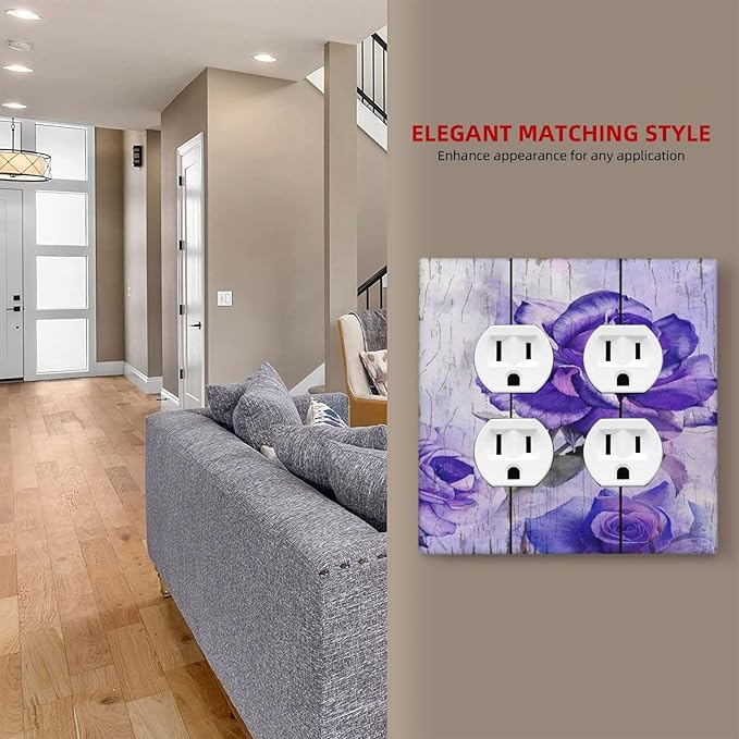 Decorative Light Switch Cover Plate Purple Flower Modern Floral 2 Gang Socket Covers Double Duplex Wallplates Switch Plates and Outlet Covers for Bedroom Kitchen Decor