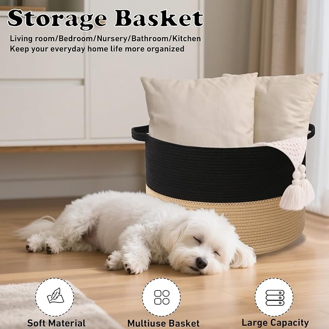 Large Storage Basket with Handle,23.6" x 23.6" x 15.7" Blanket Basket Storage Bins for Organizing,65L Cotton Rope Woven Baskets for Living Room, Nursery ,Bedroom,Black&Camel