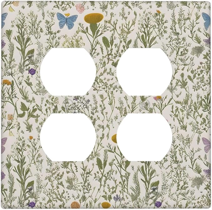 Floral Vintage Garden Plants Herbs Flower Botanical Outlet Covers 2-Gang Duplex Light Switch Covers Decorative Mustard Green Gfci Wall Plate Electrical Receptacle Switchplate Plug Faceplate