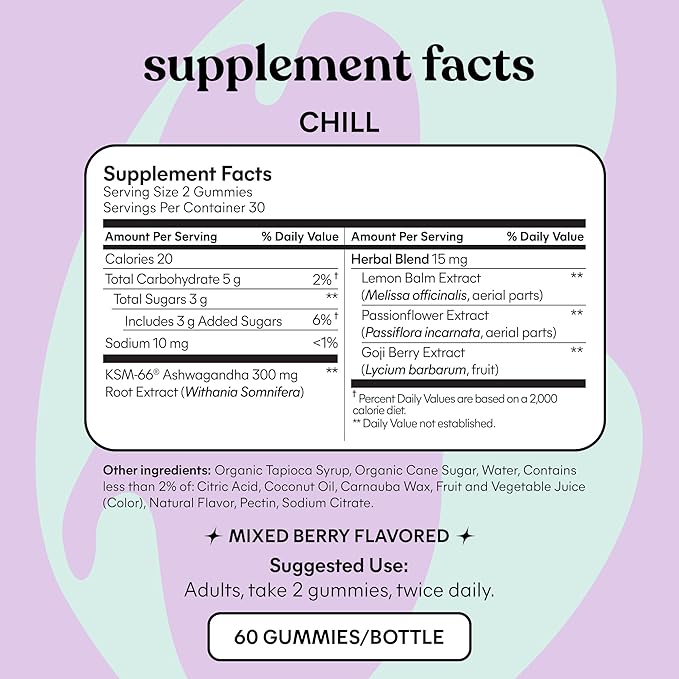 Lemme Chill Stress Relief Gummies with 300mg KSM-66 Ashwagandha, Lemon Balm, Passionflower & Goji to Support Relaxation, Healthy Cortisol & Sleep - Gluten-Free, Non-GMO, Mixed Berry (60 Count)