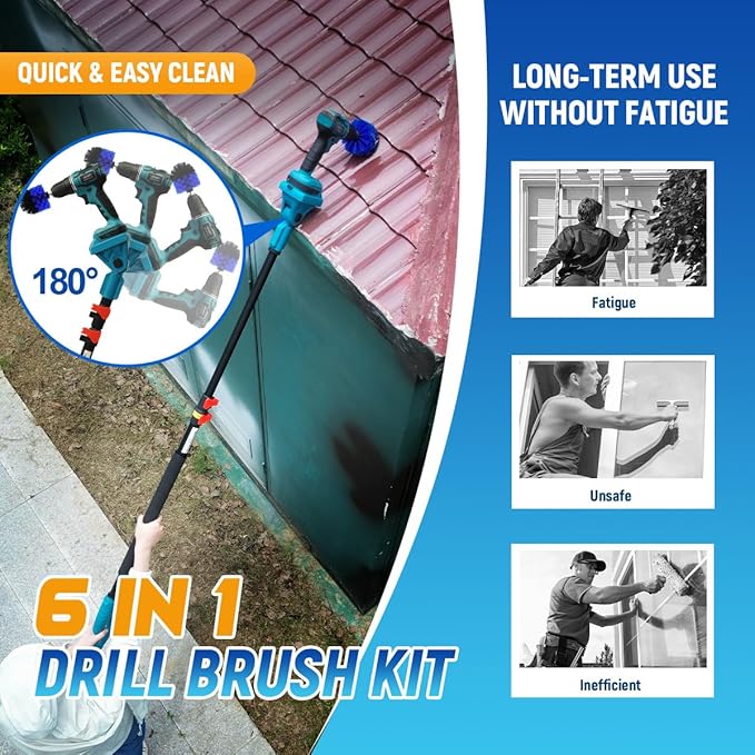 Cordless Power Drill Cleaning Tools Long Handle Scrub Brush for Surface Cleaning of Car Floors and Windows with 1*Max 20V Battery 2.4A Charger 1*Telescopic Rod 1*5MM Drill Bit 7*Pcs Drill Brush