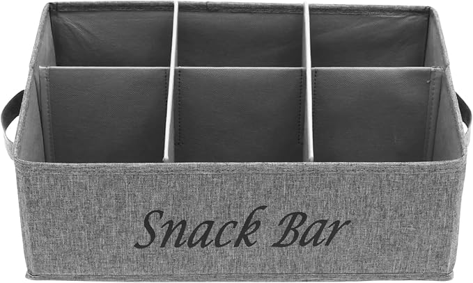 Snack Organizer for Countertop, 6 Compartment Snack Basket Container, Trapezoid Fabric Snack Bin Holder with Side Handles,Lightweight Snack Bar Station Organizer, Kitchen Pantry Storage (Grey)