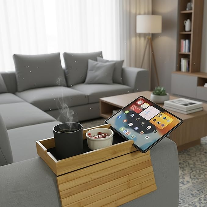 REVIV Bamboo Sofa Arm Tray Table - Foldable, Anti-Slip Couch Armrest Tray Table for Snacks, Drinks, and Devices, Flexible Couch Cup Holder, Durable and Natural Bamboo Design