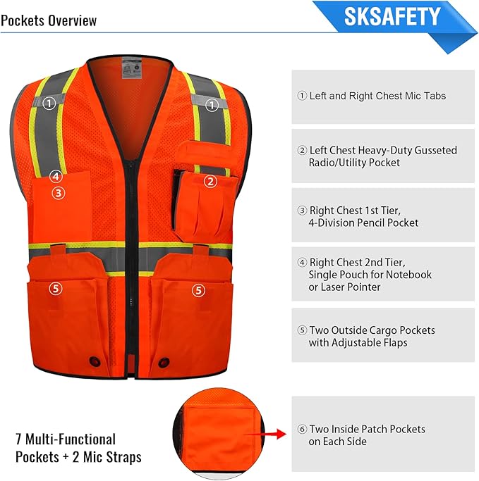SKSAFETY 10 Pockets Professional Level Safety Vest - Class 2 High Visibility Vest with Zipper, ANSI/ISEA Standard - Construction Work Vest (Orange, M)