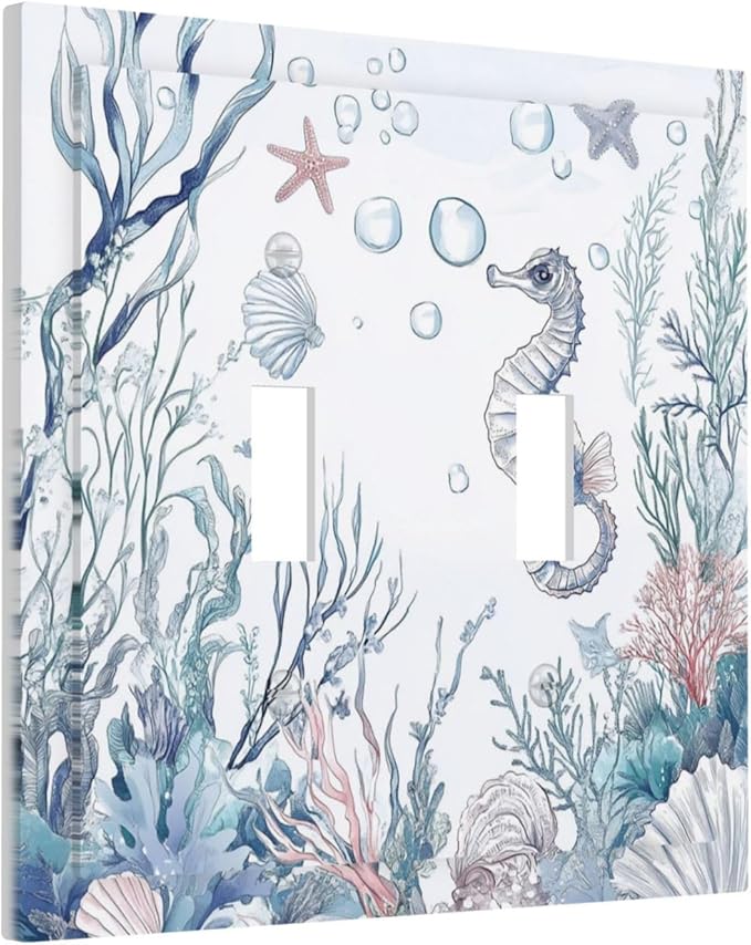 Decorative Switch Plates Ocean Coral Seahorse Seashell Starfish 2 Gang Double Toggle Outlet Light Switch Cover Wall Plate Electrical Faceplate For Bathroom Home Decor