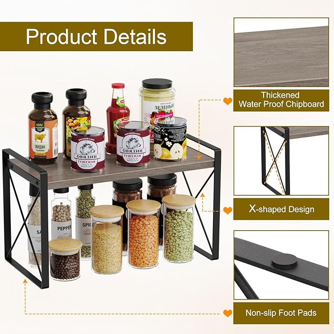 Giikin Kitchen Countertop Organizer, Wood Desk Shelf Riser, Gray Spice Rack for Kitchen Counter, Countertop, Cabinet (15.7 Inches, Gray)