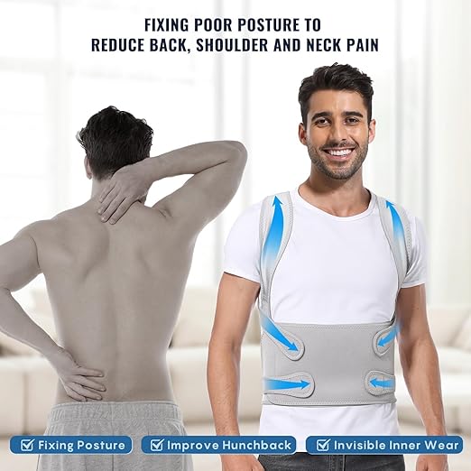 Posture Corrector for Women and Men, Adjustable Back Brace with Full Back Support, Shoulder Straightener for Spine Alignment, Kyphosis, Hunchback, Scoliosis, Lumbar, Spine, Grey (Medium)