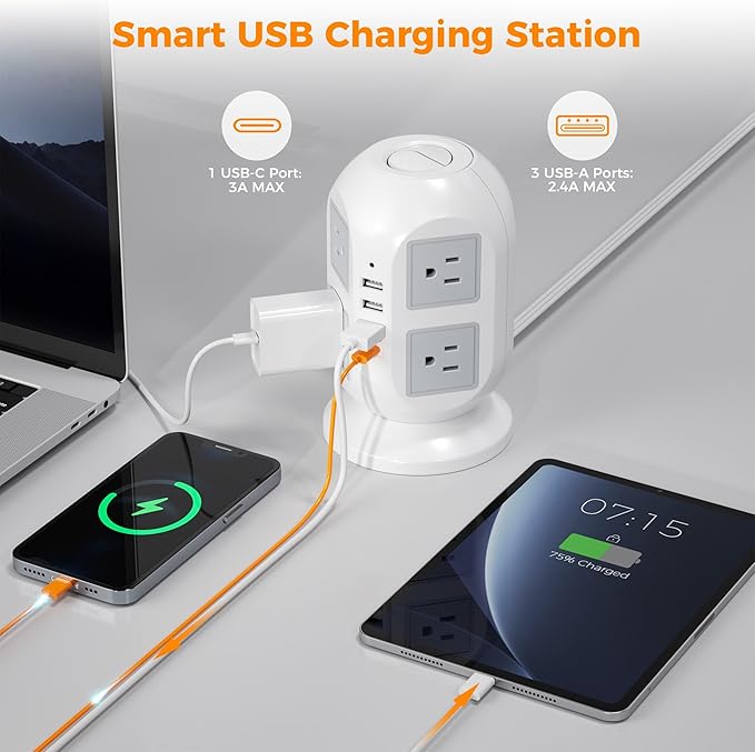 Tower Surge Protector Power Strip 15 ft, TESSAN Long Flat Extension Cord with Multiple Outlets, 8 AC Outlets with 4 USB Ports (1 USB C), Charging Station with Surge Protection, for Home Office Dorm