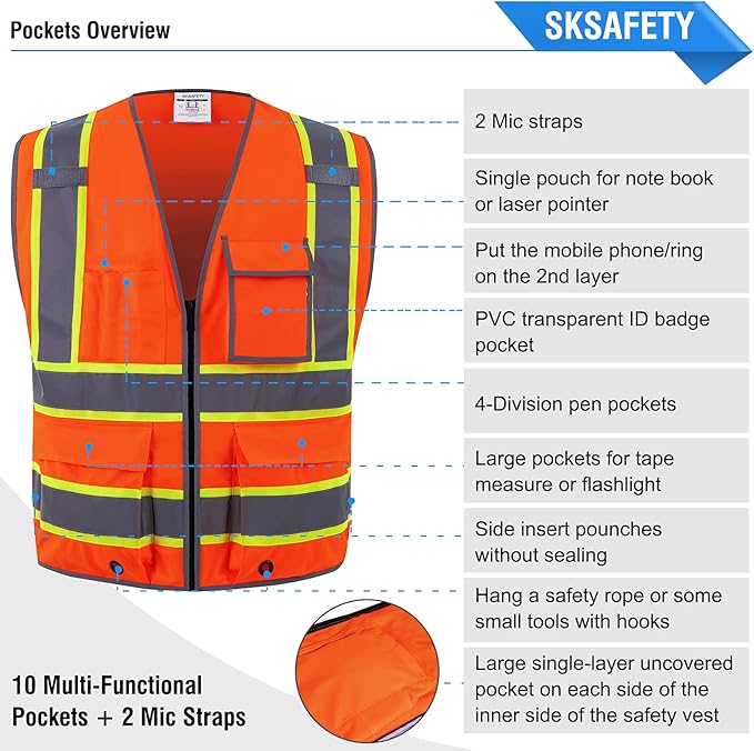 SKSAFETY 10 Pockets Safety Vest, Class 2 High Visibility Security with Zipper, Hi Vis Vest with Reflective Strips, ANSI/ISEA Standard, Construction Work Vest for Men ＆ Women （Orange, L）