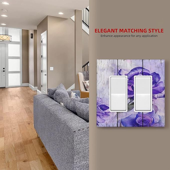 Outlet Covers Purple Rose Flower Rustic Wood Plank 2 Gang Wall Plate Double Rocker Light Switch Cover Decorative GFCI Receptacle Cover Electrical Switchplate for Farmhouse Bathroom Decor