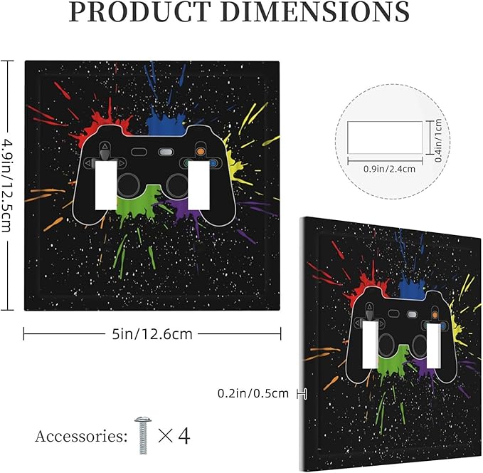 Classic Videogames Controller Black Splash Ink Colorful Decorative Switch Plates 2 Gang Double Toggle Outlet Light Switch Cover Wall Plate Electrical Faceplate for Kids Room Nursery Decor