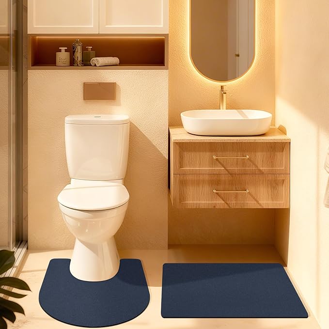 Ultra Thin Bath Mat, Upgrade Backing Non Slip Thin Bath Mats Fit Under Door, Quick Dry Ultra Absorbent Bathroom Rugs, Machine Washable Bath Rugs for Bathroom, Bathtub, Dark Blue/Solid/2 Piece