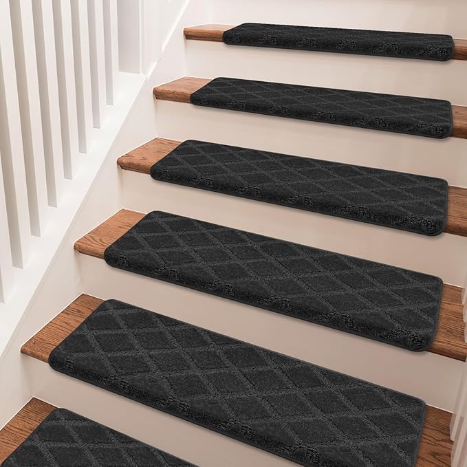 PURE ERA Bullnose Carpet Stair Treads Tape Free Non-Slip Indoor Stair Protectors Pet Friendly Stair Treads for Wooden Steps 9.5" x 30"(2 Pieces,Black Diamond Trellis)