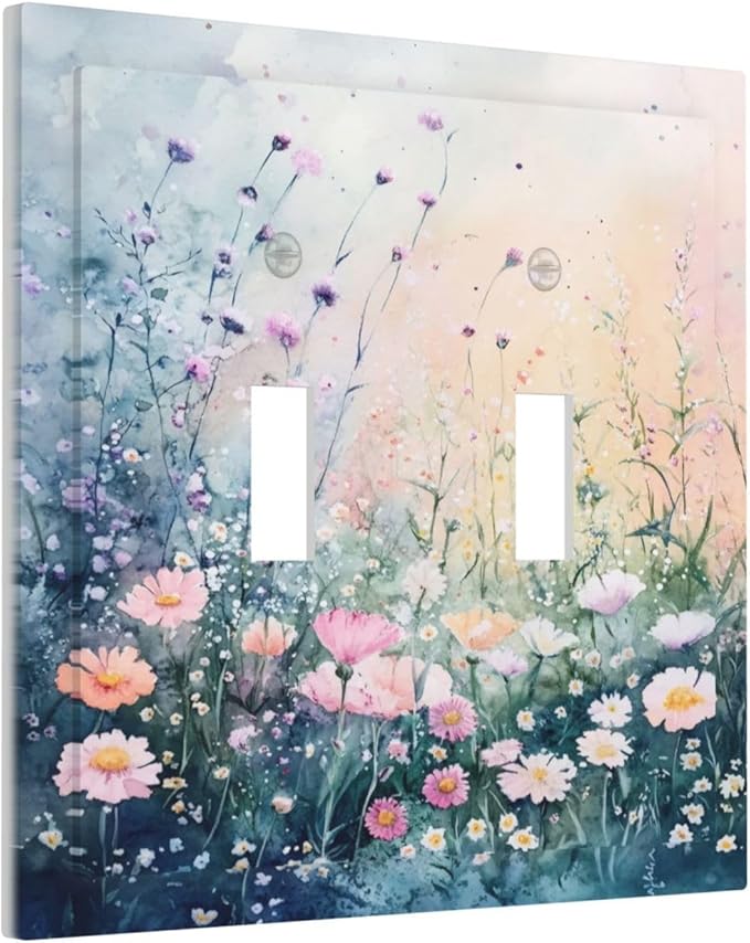 Decorative Light Switch Cover Plate Pink Floral Wildflower Green Plants 2 Gang Switch Plate Covers Double Toggle Wall Plate Dual Device Faceplate for Bathroom Decor