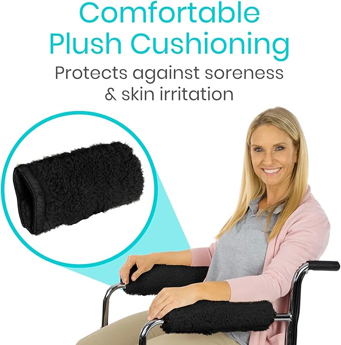 Vive Wheelchair Armrest Covers (Pair) - Memory Foam Sheepskin Accessories Pads for Transport Electric Wheel Chair Arm Rests - for Adults, Seniors, Handicapped - Soft Support Cushion for Mobility Aids