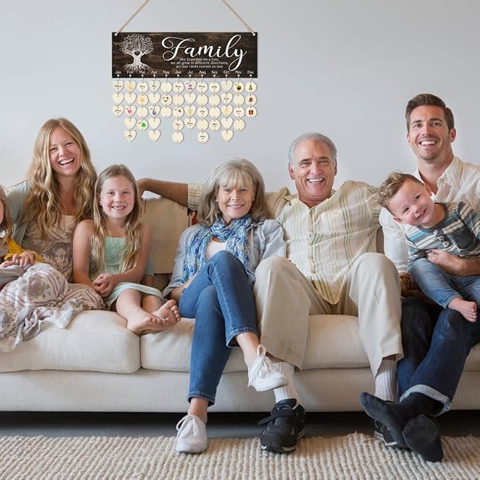 CHDITB Family Birthday Reminder Calendar Board(16”x5), DIY Birthday Gifts for Mother’s Day Valentine's Day, Wooden Family Friends Birthday Tracker Wall Hanging with 100 Heart/Circle Tags (Brown)