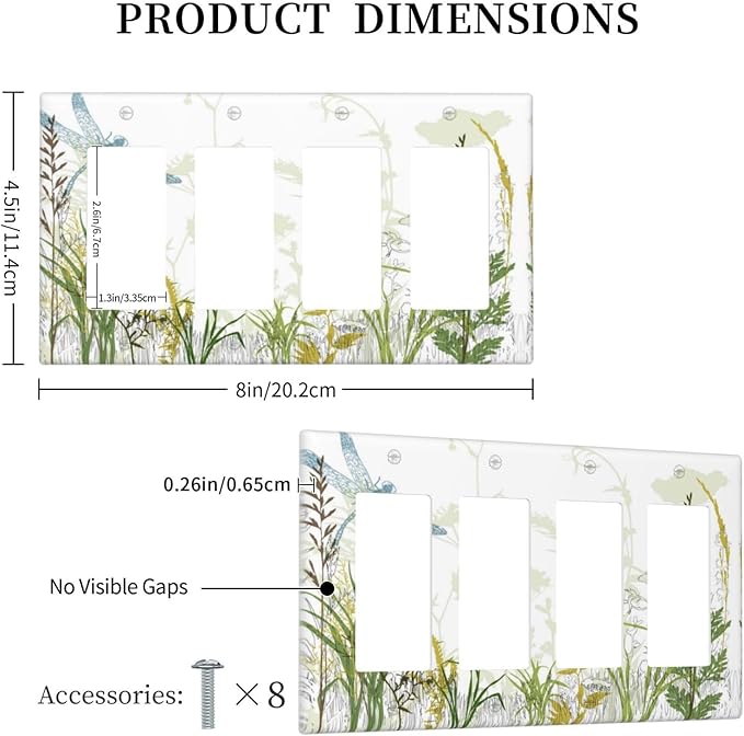 Wild Flower Dragonfly 4 Gang Rocker Light Switch Cover Plates Decorative Electric Outlet Covers Decorator Wall Switch Plate Receptacle Plug Covers 8 * 4.5 Inches