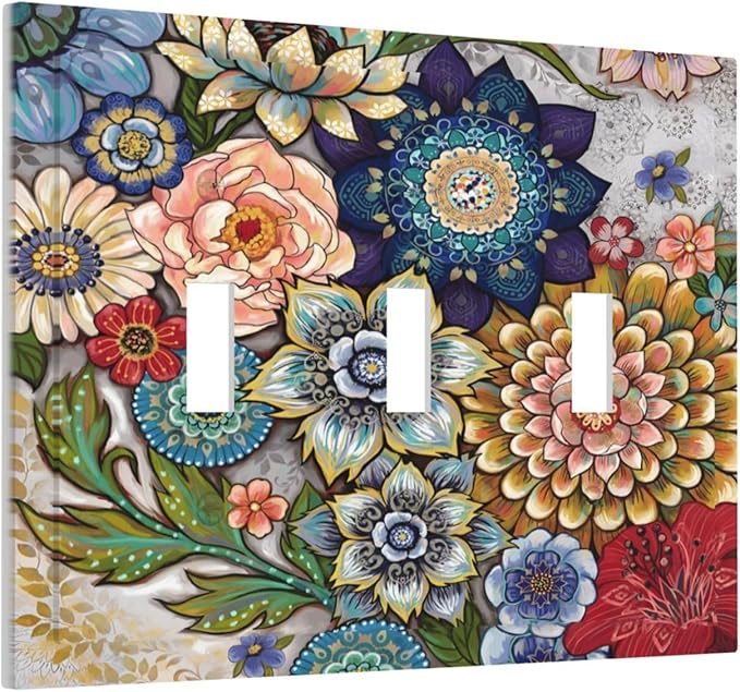Boho Floral Colorful Floral Multi Color Flower Decorative Switch Plates 3 Gang Wall Plate Triple Toggle Light Switch Cover Faceplate Electrical Wall Panels for Bedroom Living Room Home Decor