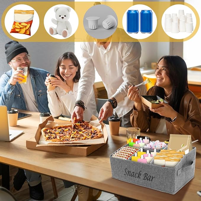 Snack Organizer for Countertop, 6 Compartment Snack Basket Container, Trapezoid Fabric Snack Bin Holder with Side Handles,Lightweight Snack Bar Station Organizer, Kitchen Pantry Storage (Grey)