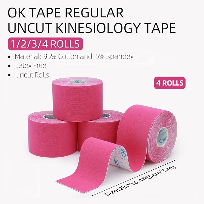 OK TAPE Regular Kinesiology Tape (4 Pack), Original Cotton Athletic Tape for Support Muscle Joint Knee, Sports Waterproof Tape Uncut Strips Latex Free, Hypoallergenic, 2in×16.4ft - Pink
