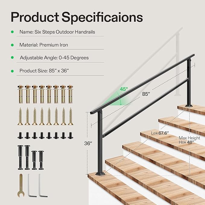 VIVOSUN Outdoor Handrail, 6-7 Step Stair Handrail, 83" x 36" Fits 1 to 7 Steps, Wrought Mattle Iron Handrail for Concrete Steps, Porch Steps, Black, HR-0004