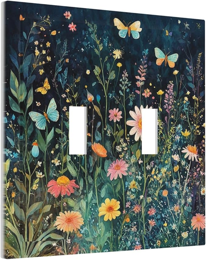 Decorative Switch Plates Boho Vintage Floral Flower Butterfly 2 Gang Double Toggle Outlet Light Switch Cover Wall Plate Electrical Faceplate for Bedroom Home Decor