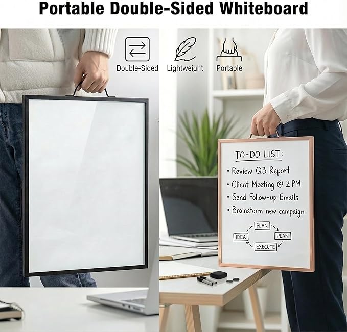 Small Whiteboard 12 x 16 Inch Magnetic Dry Erase Board with Handle | Rose Gold Aluminum Frame | Double-Sided Portable Board for Home, Office, Reception, Events | 2 Markers, Eraser & 2 Magnets