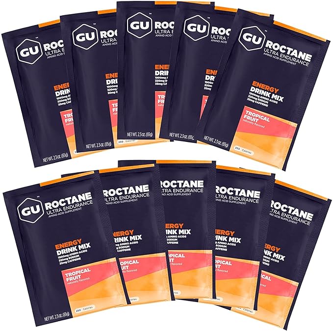 GU Energy Roctane Ultra Endurance Energy Drink Mix, Vegan, Gluten-Free, Kosher, 35mg of Caffeine, and Dairy-Free n-the-Go Energy for Any Workout, 10 Single-Serving Packets, Tropical Fruit