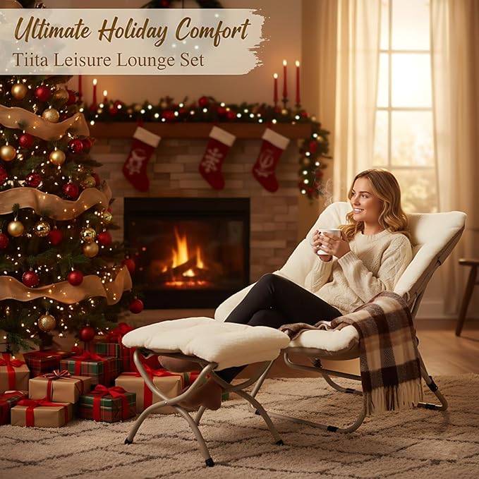 Tiita Folded Chair with Ottoman, Soft Faux Fur Oversized Folding Accent Chair,Lounge Lazy Chair, Metal Frame Moon Chair for Bedroom, Living Room, Dorm Rooms, Garden and Courtyard