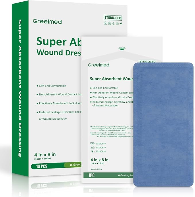 Super Absorbent Dressing for Wound Care 4" x 8" Individual Sterile Pack of 10 Nonstick Soft Surgical Gauze Pad Waterproof Wound Dressing Bandage for Heavily Exuding Wound Care