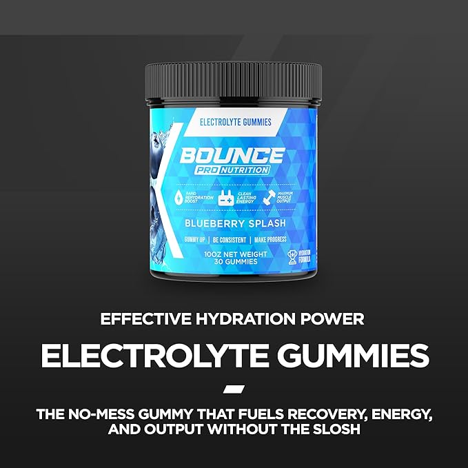 Bounce Pro Hydration Electrolyte Gummies – 75 Vegan Chewable Gummies with Sodium, Potassium & Magnesium for Running, Workouts & Endurance – No Sugar, Caffeine Free Electrolyte Chews, Blueberry Splash