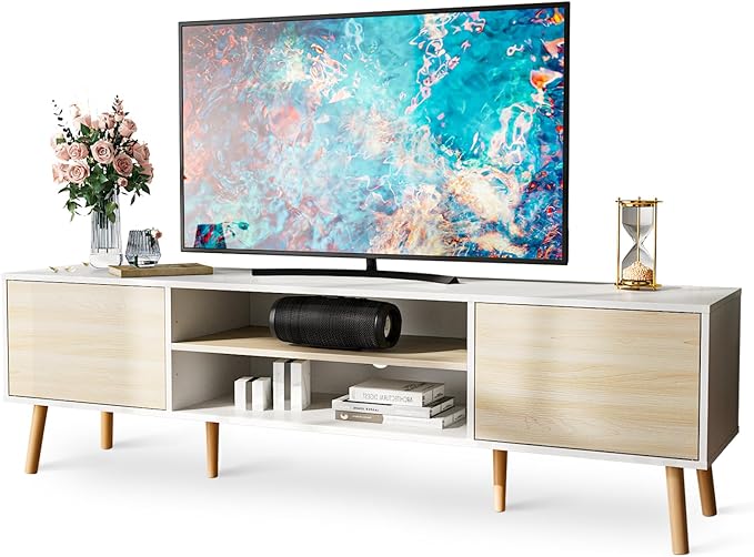 TV Stand for 75 Inch TV, Entertainment Center with Storage, 2 Cabinet Media Console Table, Wood Feet, Living Room, Bedroom Furniture,White&Oak