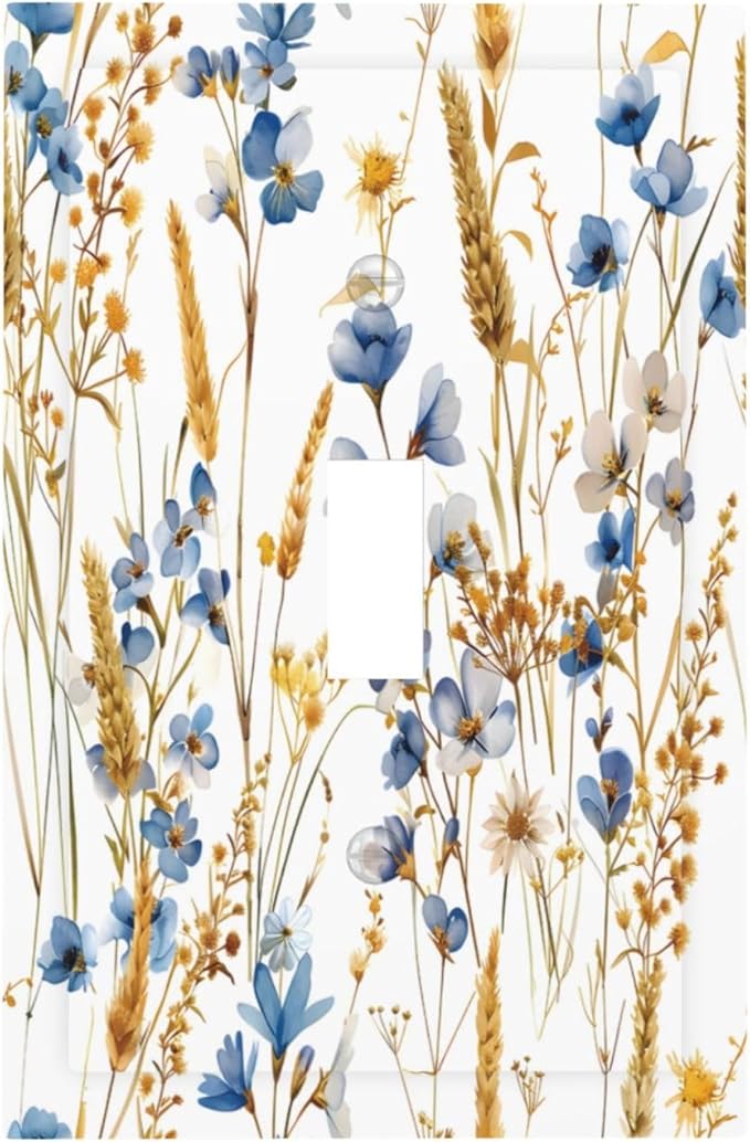 Vintage Wildflower Blue Gold Country Fall Wheat Floral Decorative Light Switch Cover 1 Gang Single Toggle Device Electrical Faceplate Switchplates Decorator Outlet Wall Plate for Bedroom Living Room