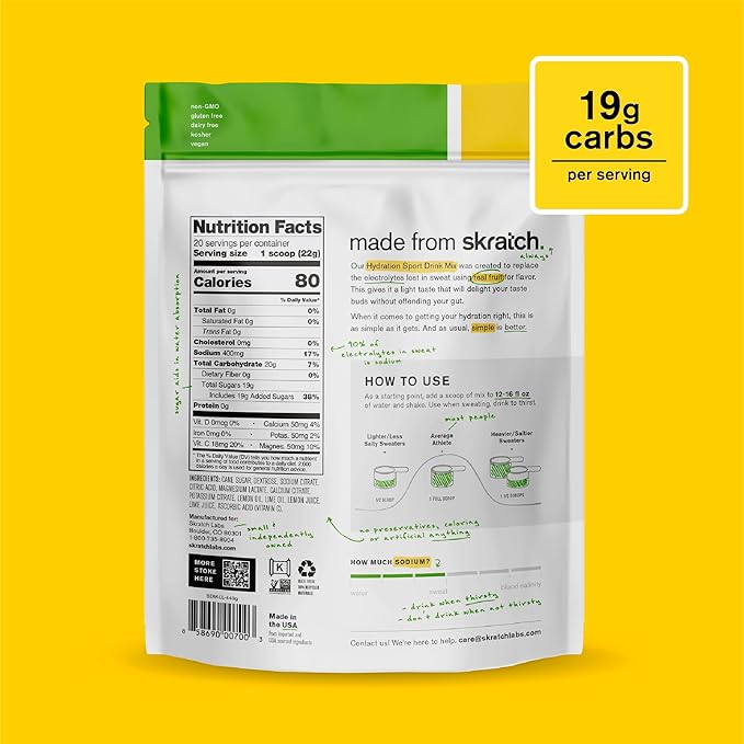 Skratch Labs Hydration Powder | Sport Drink Mix | Electrolytes Powder for Exercise, Endurance, and Performance | Lemon + Lime | 20 Servings | Non-GMO, Vegan, Kosher
