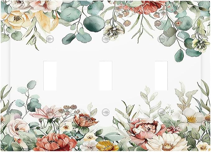 Decorative Switch Plates Vintage Boho Floral Leaves Rustic Sage Botanical 3 Gang Wall Plate Triple Toggle Light Switch Cover Faceplate Electrical Wall Panels for Bedroom Home Decor