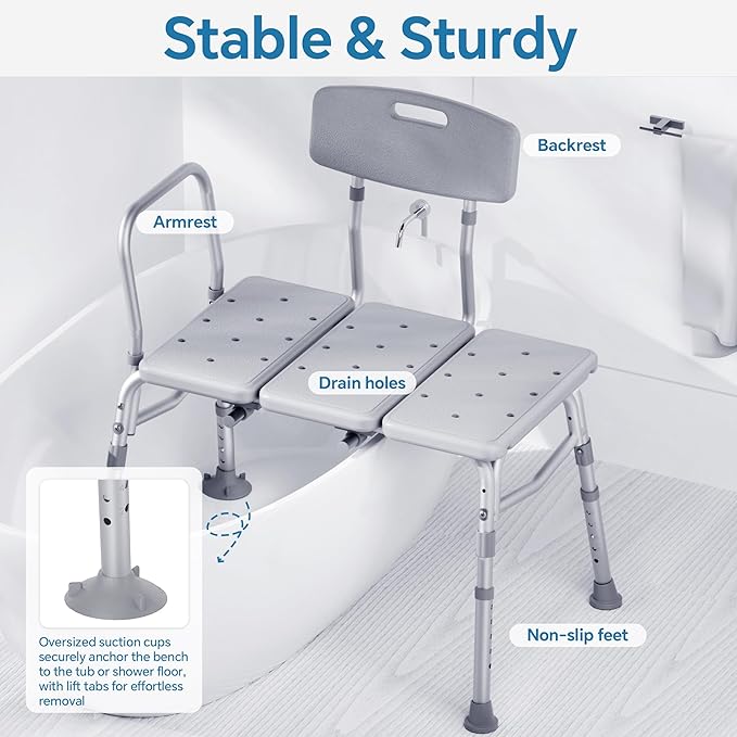 HOMLAND Tub Transfer Bench for Bathtub, FSA/HSA Eligible 400 lbs Heavy Duty Shower Chair with Backrest, Slip-Resistant Feet, Height Adjustable Shower Bench Shower Seat for Elderly and Disabled