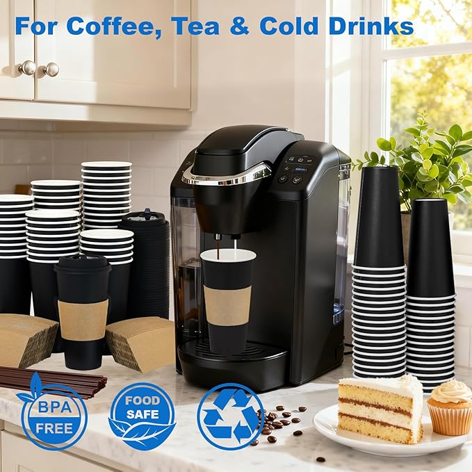 20 oz 500 Pack Coffee Cups with Lids and Sleeves, Straws, Hot Disposable To Go Travel Paper Cups Bulk for Office, Home Coffee Bar Accessories, Chocolate, Cocoa, Beverage (Black)