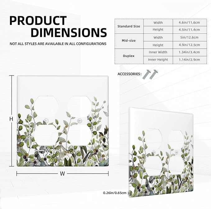 Watercolor Green Eucalyptus Leaves Plants Fruit Outlet Covers 2 Gang Double Duplex Decorative Light Switch Covers Electrical Wallplates Socket Faceplate for Bed Room Living Room Decor