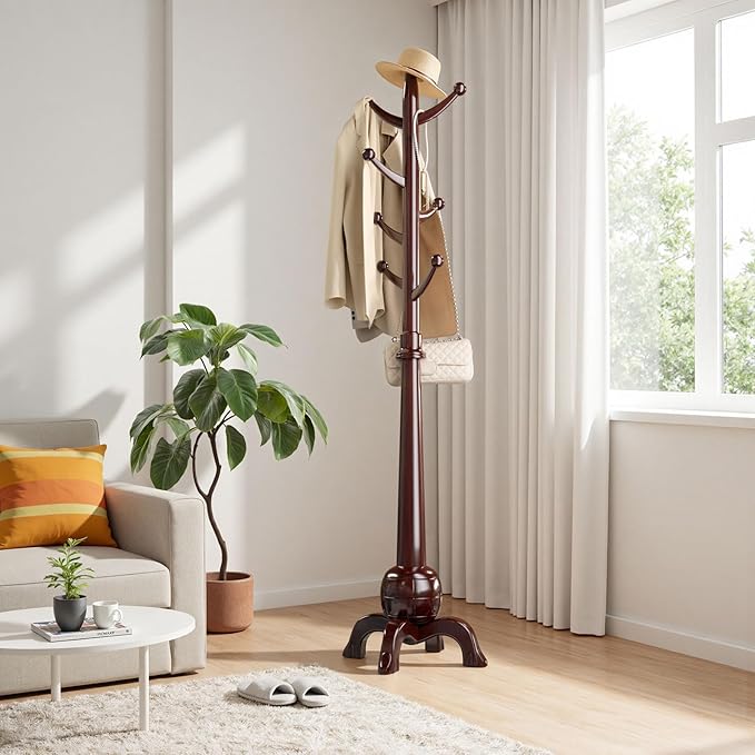 Wood Coat Rack Freestanding, Solid Wooden Hall Tree with 8 Hooks, Coat Tree Freestanding Heavy Duty with Stable Base, Entryway Hallway Bedroom Office Use, 240lbs Load Capacity H:71.6in (Black-Red)