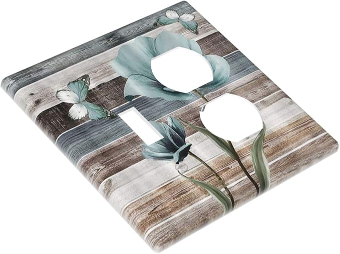 Teal Flora Flowers and Butterfly Wooden Style Decorative Light Switch Cover Plate 1 Toggle/1 Duplex Outlet Covers 2 Gang Combo Gfci Wall Plate Electrical Receptacle Switchplate Bathroom Decor