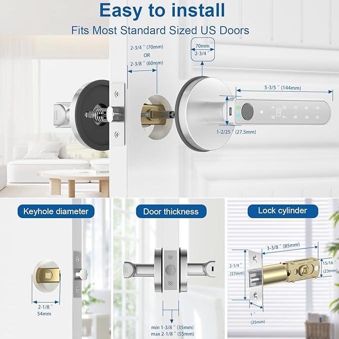Fingerprint Door Lock, Fingerprint Door Knob Biometric Door Lock Smart Door Knob with App Control, Keyless Entry Door Lock with Handle for Home Office Apartment Bedroom Silver