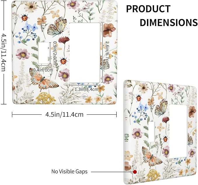 Boho Multicolor Flower Butterfly Insect Floral Outlet Covers 1 Toggle 1 Rocker Combination Decorative Wall Plate Electrical Switch Plates Light Switch Cover Plate for Bedroom Living Room Decor