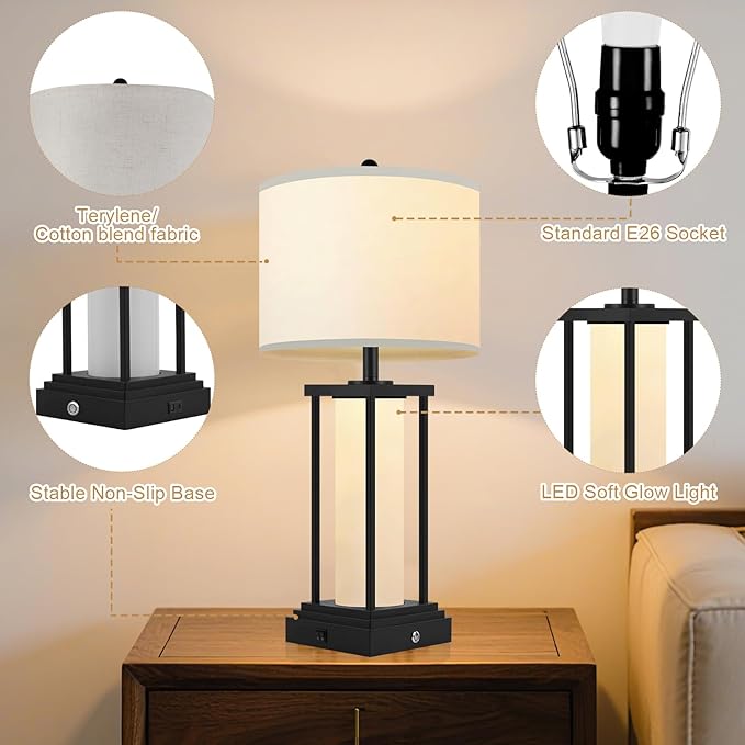 End Table Lamps, Touch Lamps, 3 Color Temperatures, Stepless Dimming, Bedside Lamps with USB C+A Ports, Living Room Table Lamps, Bedroom Lamps for Nightstand(Bulbs Included) - 1 Pack