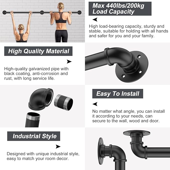 8FT Industrial Stair Railing Wall Mount Staircase Handrail φ1.3 Pipe Hand Rail for Steps Grab Bar Foot Rail Vintage Pipe Railing Black Deck Handrail for Outdoor Indoor Stairs Porch